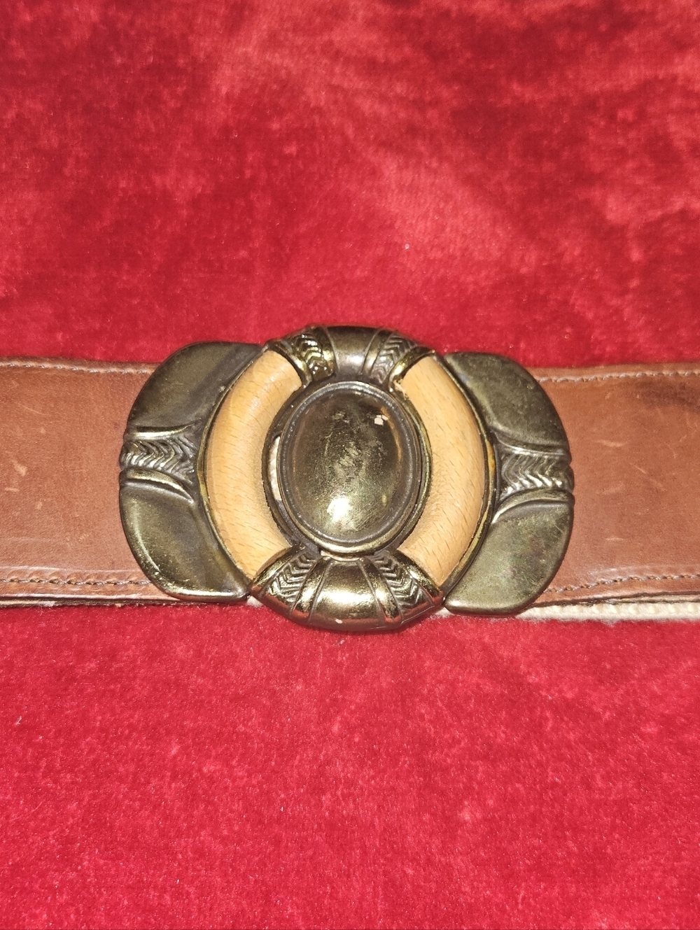 Omega Vintage Boho Beige Canvas Belt w/Brown Leather & Brass Buckle-Size M/L - Picture 2 of 5